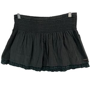 Roxy Y2K Mini‎ Skirt XS Black Smocked Waist Eyelet Hem Pull On Boho Beach Casual